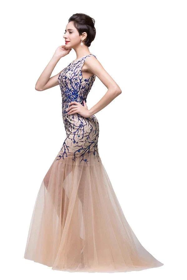 Champagne Crew Sweep-length Mermaid Tulle Prom Dresses by misshow.com