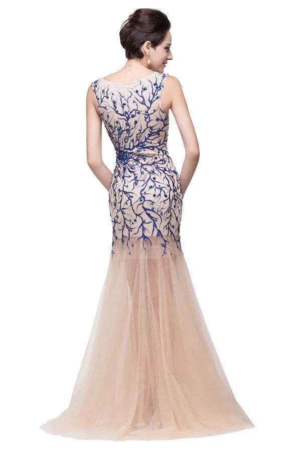 Champagne Crew Sweep-length Mermaid Tulle Prom Dresses by misshow.com