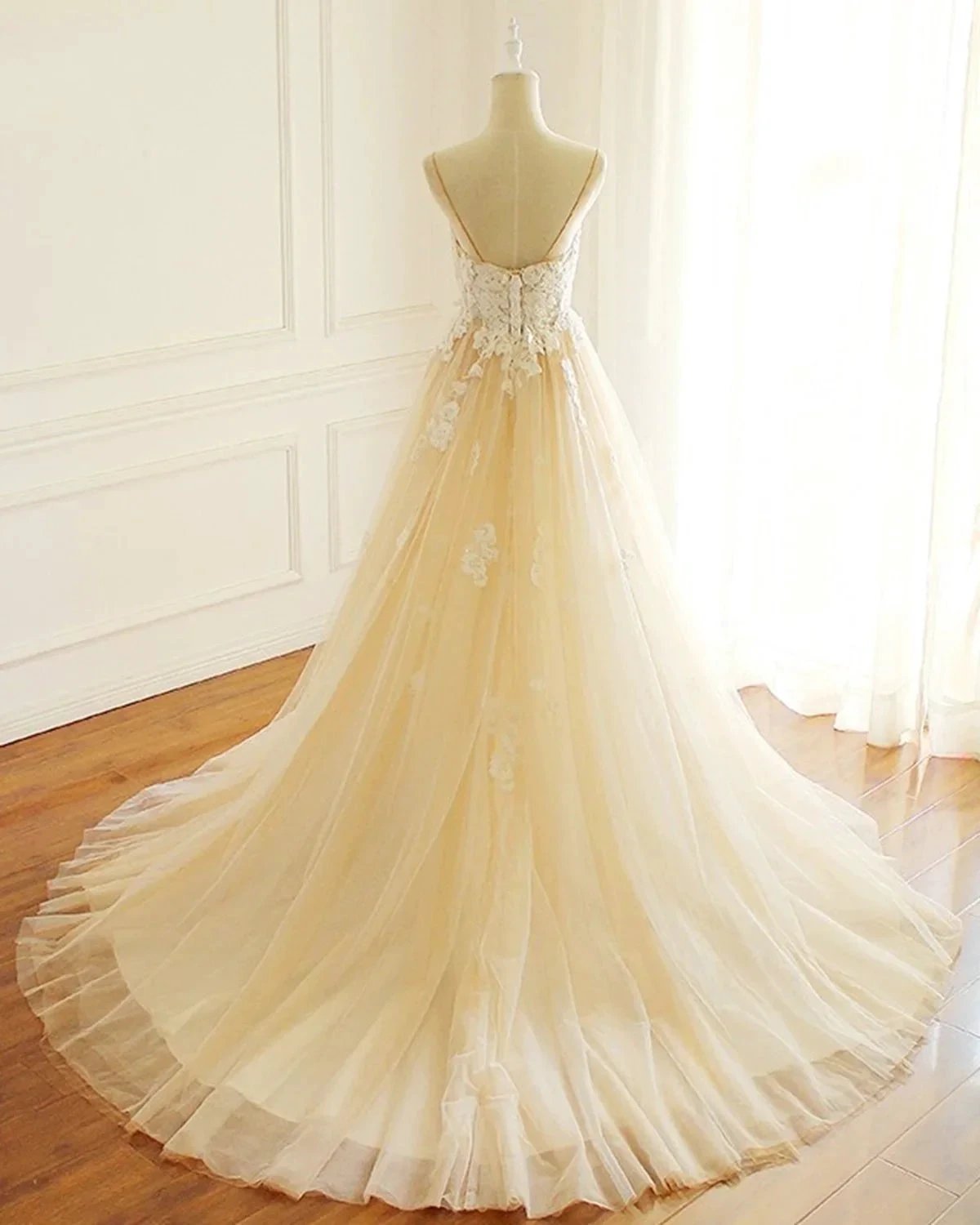 Champagne Long A-line Sweetheart Tulle Spaghetti Sweep Train Wedding Dress by BIZTUNNEL