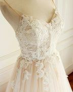 Champagne Long A-line Sweetheart Tulle Spaghetti Sweep Train Wedding Dress by BIZTUNNEL