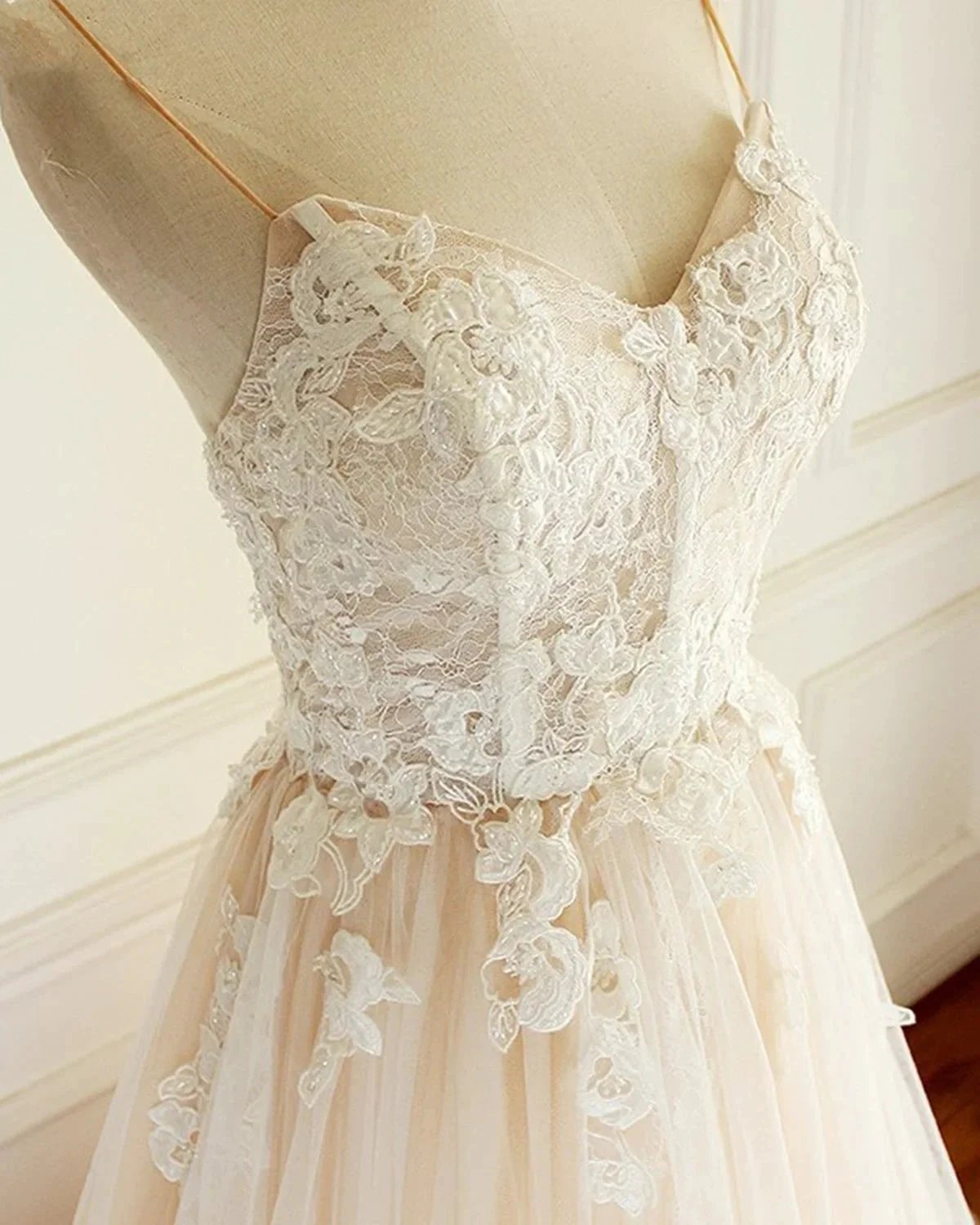 Champagne Long A-line Sweetheart Tulle Spaghetti Sweep Train Wedding Dress by BIZTUNNEL