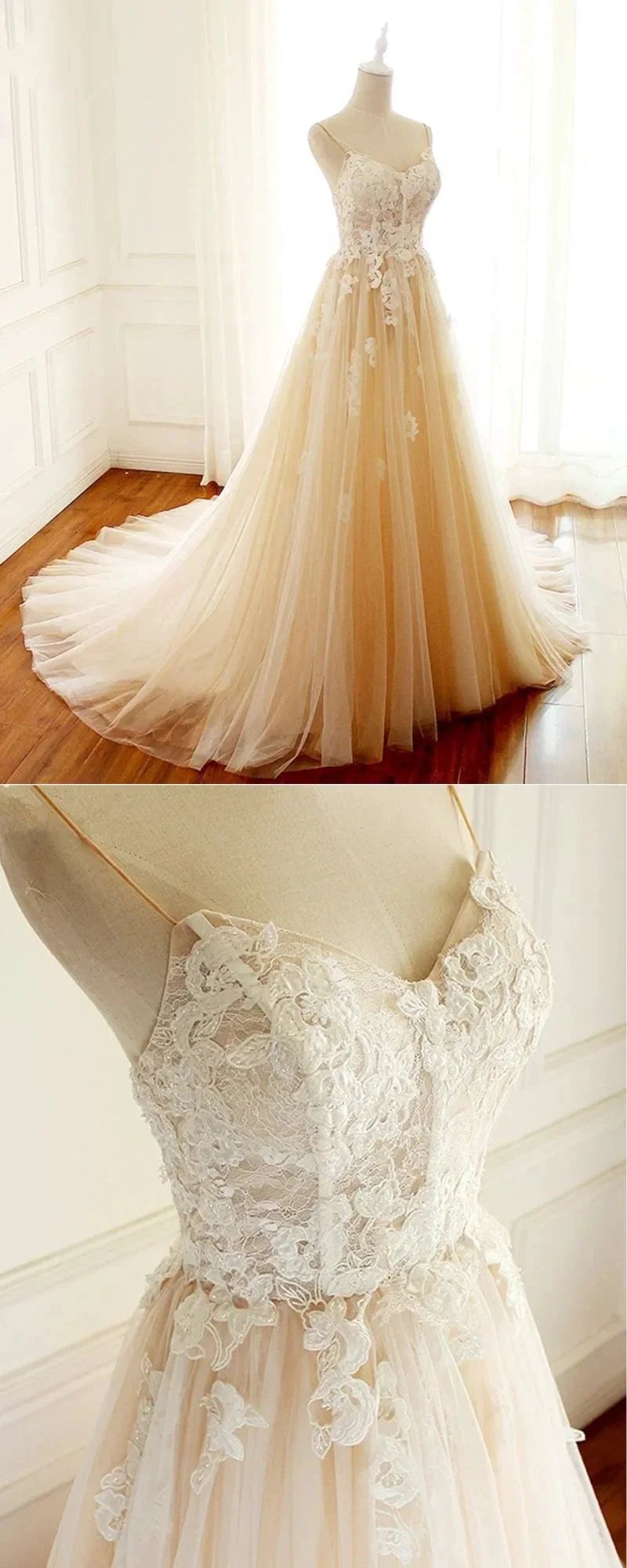 Champagne Long A-line Sweetheart Tulle Spaghetti Sweep Train Wedding Dress by BIZTUNNEL