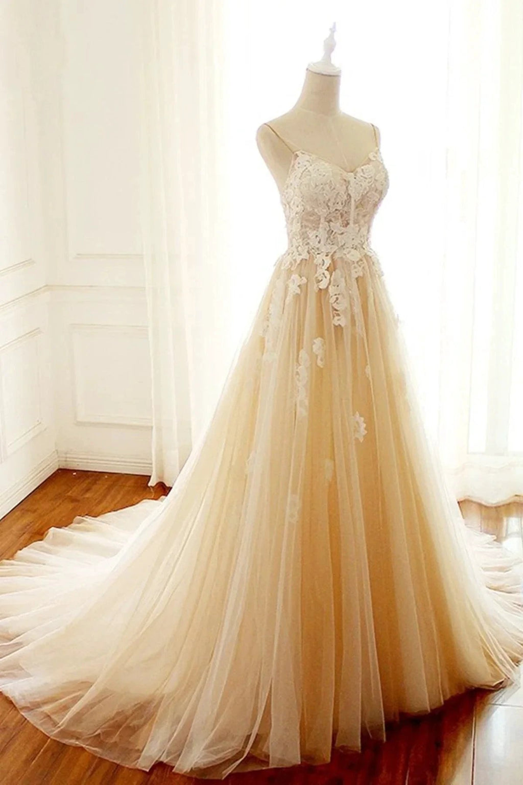 Champagne Long A-line Sweetheart Tulle Spaghetti Sweep Train Wedding Dress by BIZTUNNEL