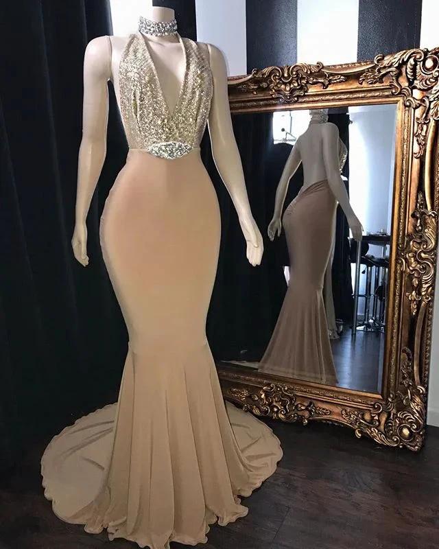 Champagne Long Halter Mermaid Prom Dresses Sexy V-Neck Backless Evening Gowns by BIZTUNNEL