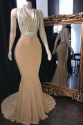 Champagne Long Halter Mermaid Prom Dresses Sexy V-Neck Backless Evening Gowns by BIZTUNNEL