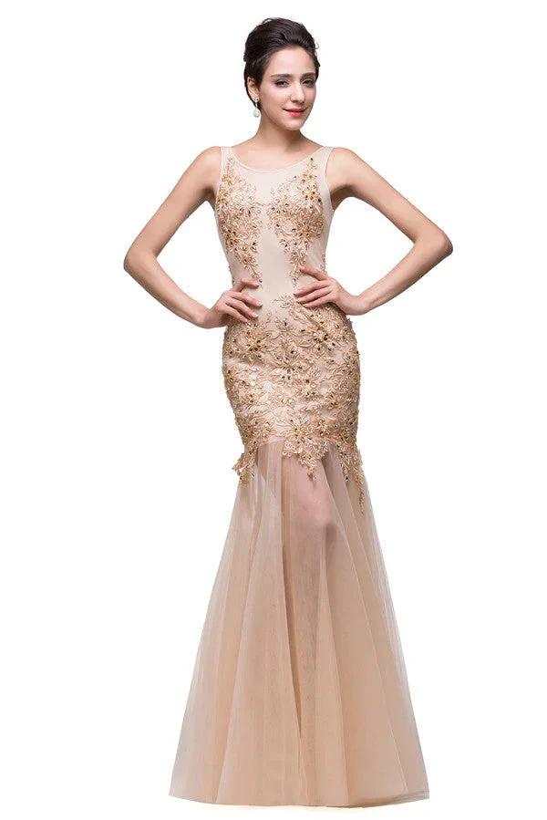 Champagne Scoop Mermaid Floor-length Appliques Prom Dresses by misshow.com