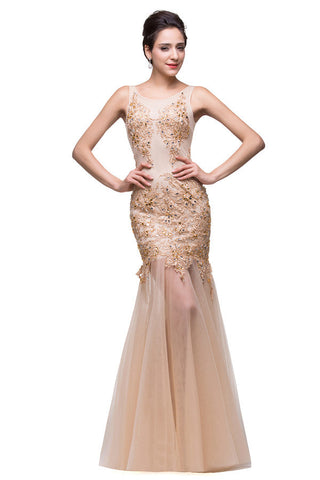 Vestidos de fiesta con apliques hasta el suelo, corte sirena y escote en champán