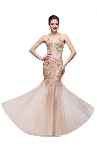 Vestidos de fiesta con apliques hasta el suelo, corte sirena y escote en champán