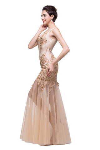 Vestidos de fiesta con apliques hasta el suelo, corte sirena y escote en champán