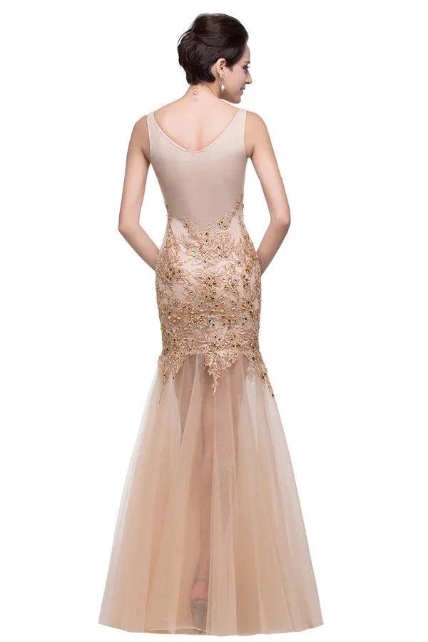 Champagne Scoop Mermaid Floor-length Appliques Prom Dresses by misshow.com