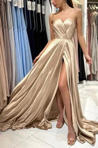 Champagne Simple Long Satin Sleeveless Evening Dresses With Slit by misshow.com