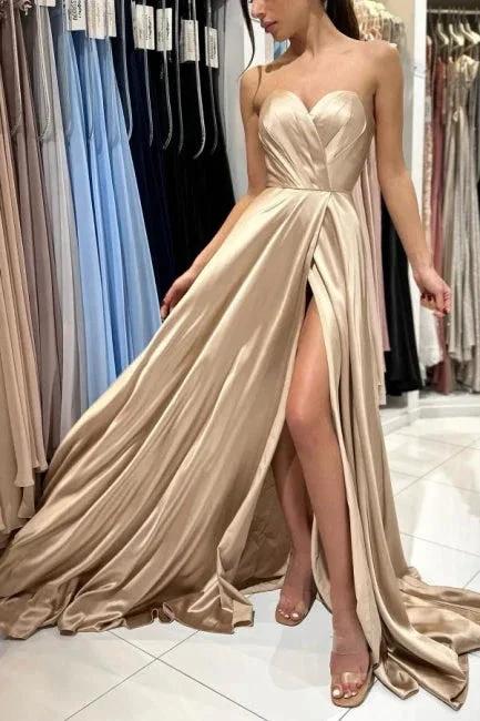 Champagne Simple Long Satin Sleeveless Evening Dresses With Slit by misshow.com