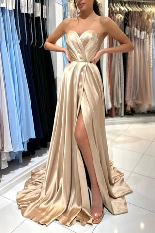 Vestidos de noche largos sencillos de satén sin mangas con abertura en color champán