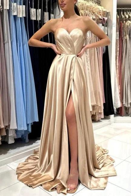 Champagne Simple Long Satin Sleeveless Evening Dresses With Slit by misshow.com