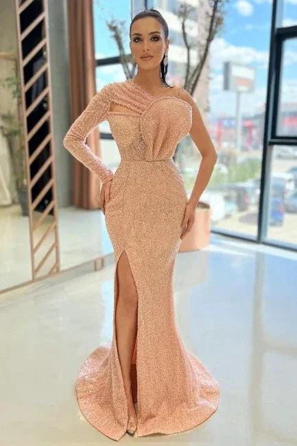 Champagne Simple One-shoulder Long-Sleeve Mermaid Sequined Floor-Length Prom Dresses by misshow.com