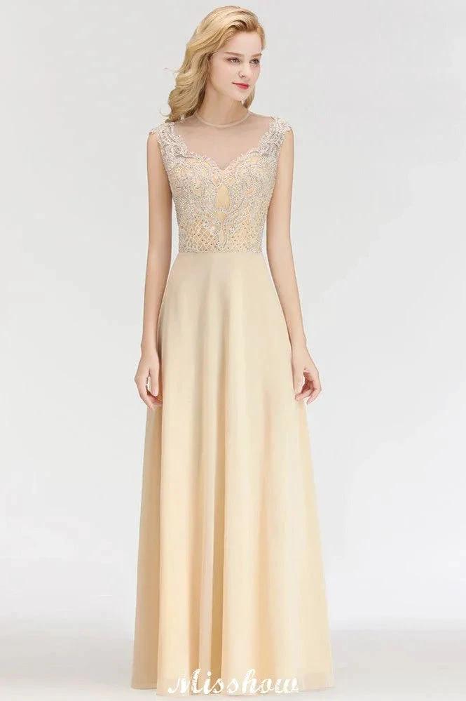 Champagne Sleeveless A-Line Crystal Jewel Bridesmaid Dresses Floor Length Party Dress by misshow.com