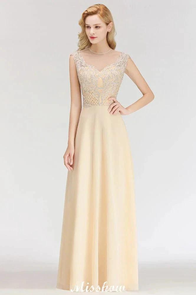 Champagne Sleeveless A-Line Crystal Jewel Bridesmaid Dresses Floor Length Party Dress by misshow.com