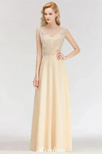 Champagne Sleeveless A-Line Crystal Jewel Bridesmaid Dresses Floor Length Party Dress by misshow.com