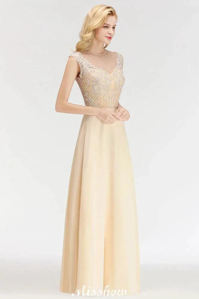 Champagne Sleeveless A-Line Crystal Jewel Bridesmaid Dresses Floor Length Party Dress by misshow.com
