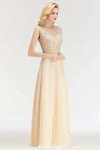 Champagne Sleeveless A-Line Crystal Jewel Bridesmaid Dresses Floor Length Party Dress by misshow.com