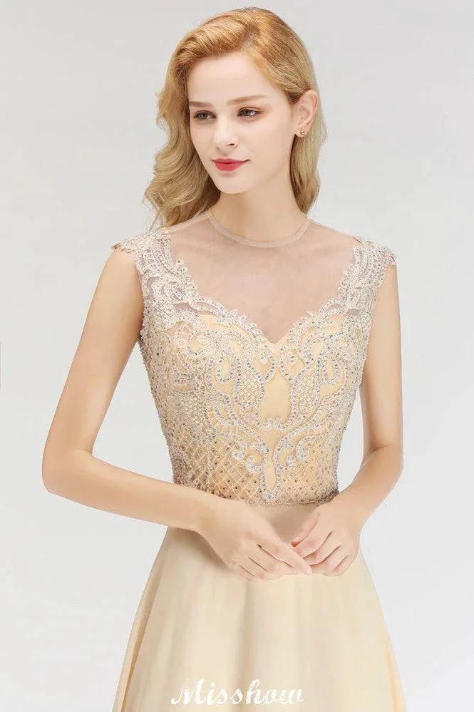 Champagne Sleeveless A-Line Crystal Jewel Bridesmaid Dresses Floor Length Party Dress by misshow.com