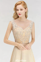 Champagne Sleeveless A-Line Crystal Jewel Bridesmaid Dresses Floor Length Party Dress by misshow.com