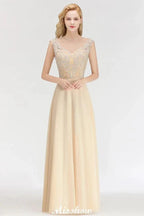 Champagne Sleeveless A-Line Crystal Jewel Bridesmaid Dresses Floor Length Party Dress by misshow.com