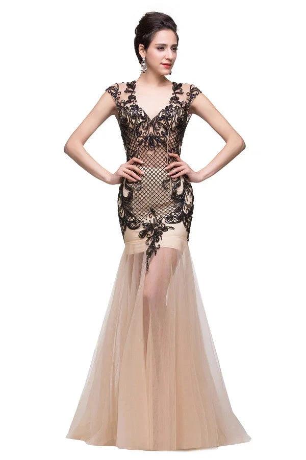 Champagne V-Neck Mermaid Floor-length Prom Dresses by misshow.com