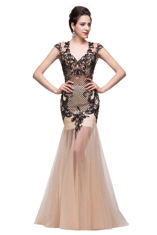 Vestidos de fiesta de sirena con escote en V color champán y largo hasta el suelo