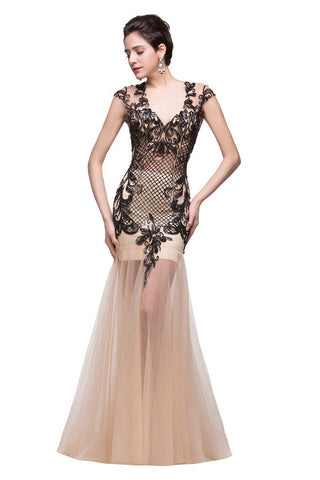Vestidos de fiesta de sirena con escote en V color champán y largo hasta el suelo