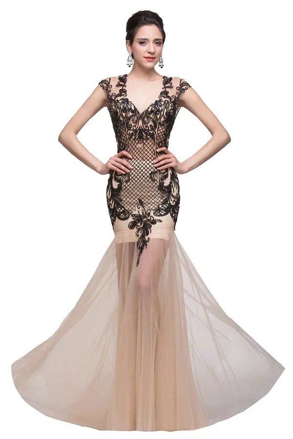 Champagne V-Neck Mermaid Floor-length Prom Dresses by misshow.com