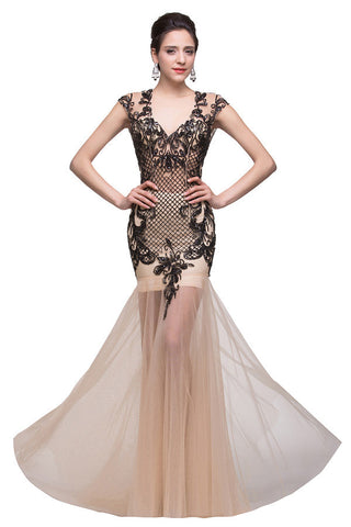 Vestidos de fiesta de sirena con escote en V color champán y largo hasta el suelo
