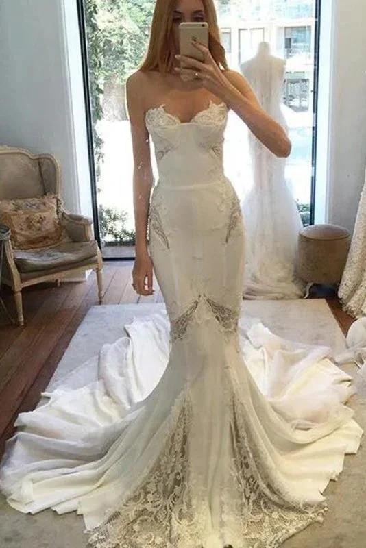 Chapel Train Sweetheart Mermaid Lace Appliques Chiffon Elegant Wedding Dresses by misshow.com
