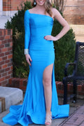 Charee | Blue One-Sleeve Mermaid Long Gown with Slit by KissProm