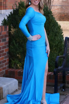 Charee | Blue One-Sleeve Mermaid Long Gown with Slit by KissProm