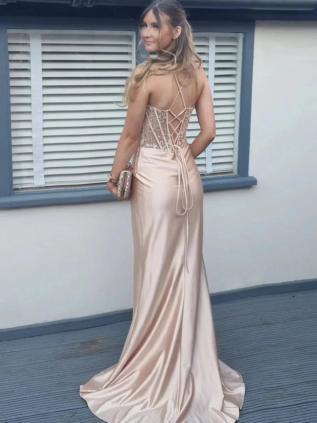 Mermaid Pink Off Shoulder Sheer Corset Rhinestone Long Prom Dress with Slit by KissProm
