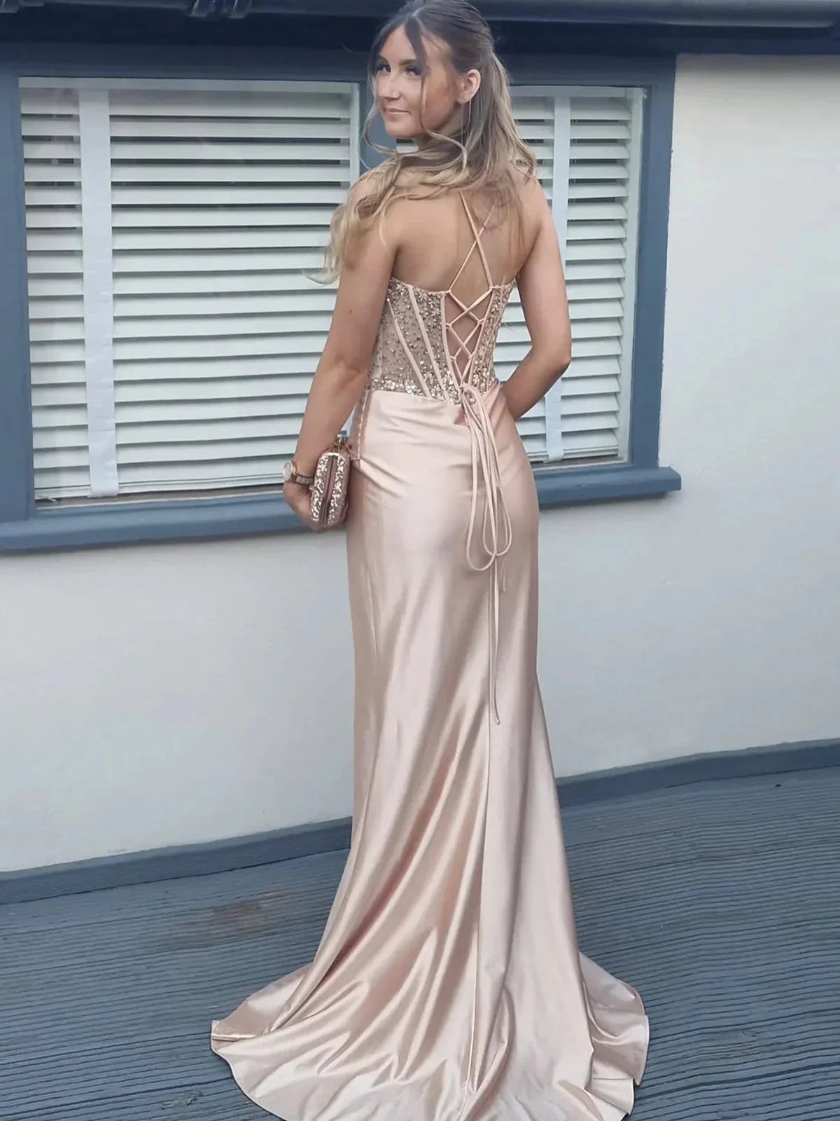 Mermaid Pink Off Shoulder Sheer Corset Rhinestone Long Prom Dress with Slit by KissProm