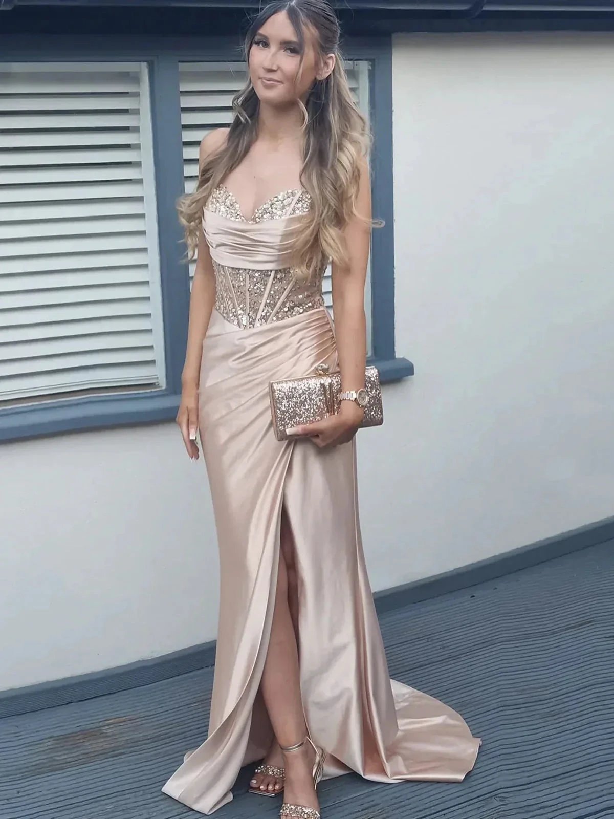Mermaid Pink Off Shoulder Sheer Corset Rhinestone Long Prom Dress with Slit by KissProm