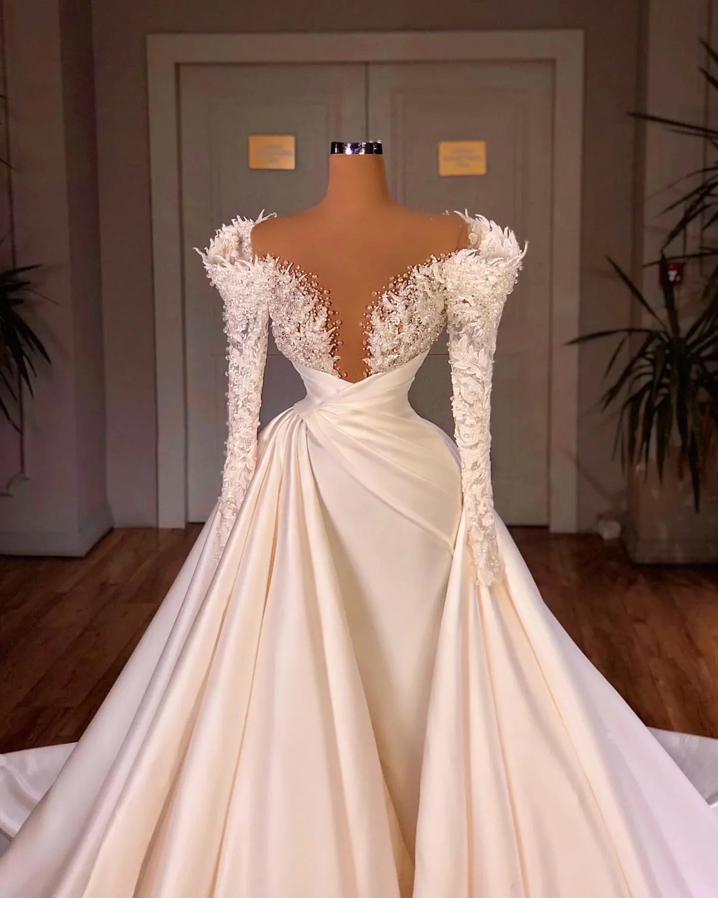 Charming A-Line Cathedral V-neck Long Wedding Dress With Long Sleeves