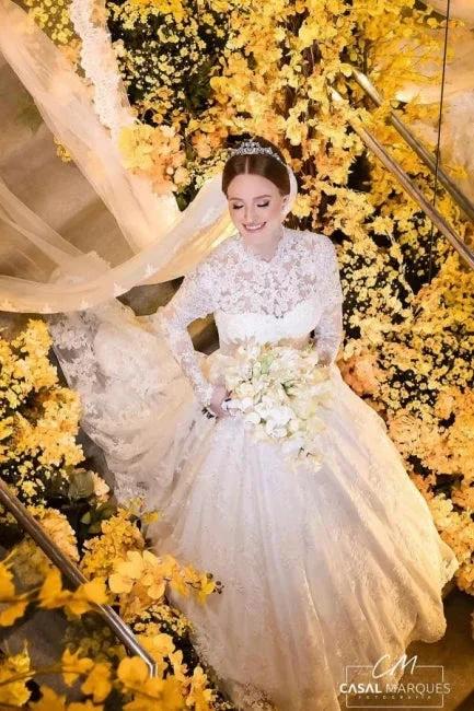 Charming A-Line Lace High Neck Long Sleeve White Wedding Dresses With Appliques by misshow.com