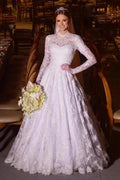 Charming A-Line Lace High Neck Long Sleeve White Wedding Dresses With Appliques by misshow.com