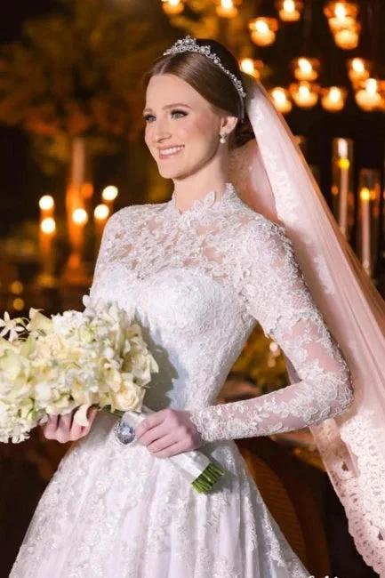 Charming A-Line Lace High Neck Long Sleeve White Wedding Dresses With Appliques by misshow.com
