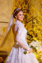 Charming A-Line Lace High Neck Long Sleeve White Wedding Dresses With Appliques by misshow.com