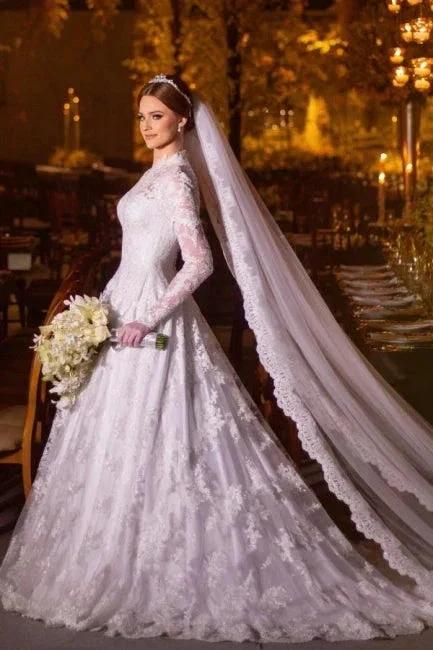 Charming A-Line Lace High Neck Long Sleeve White Wedding Dresses With Appliques by misshow.com