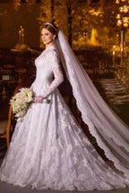 Charming A-Line Lace High Neck Long Sleeve White Wedding Dresses With Appliques by misshow.com
