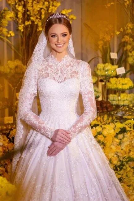 Charming A-Line Lace High Neck Long Sleeve White Wedding Dresses With Appliques by misshow.com