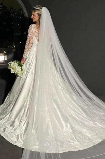 Charming A-Line Lace Sweetheart Long Sleeve White Wedding Dress With Appliques by misshow.com
