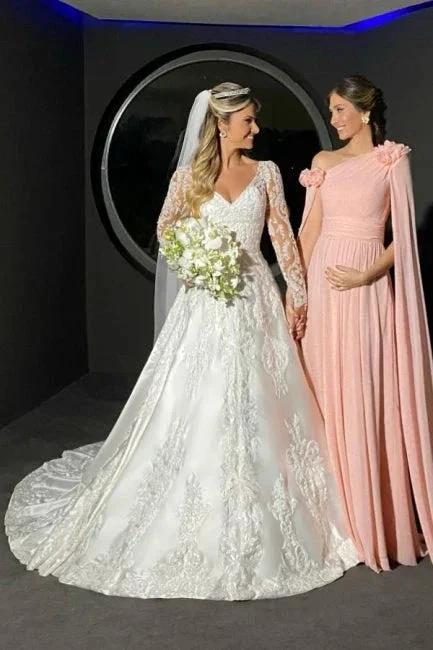 Charming A-Line Lace Sweetheart Long Sleeve White Wedding Dress With Appliques by misshow.com