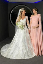 Charming A-Line Lace Sweetheart Long Sleeve White Wedding Dress With Appliques by misshow.com