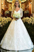 Charming A-Line Lace Sweetheart Long Sleeve White Wedding Dress With Appliques by misshow.com